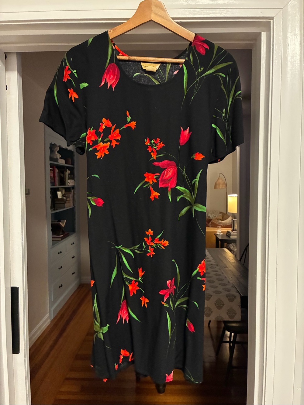 Vintage Black Mini Dress with Red Floral Print